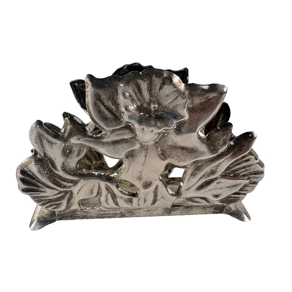 Silverplate Napkin Letter Holder Embossed Floral Motif 5x3x1 Vtg Patina READ